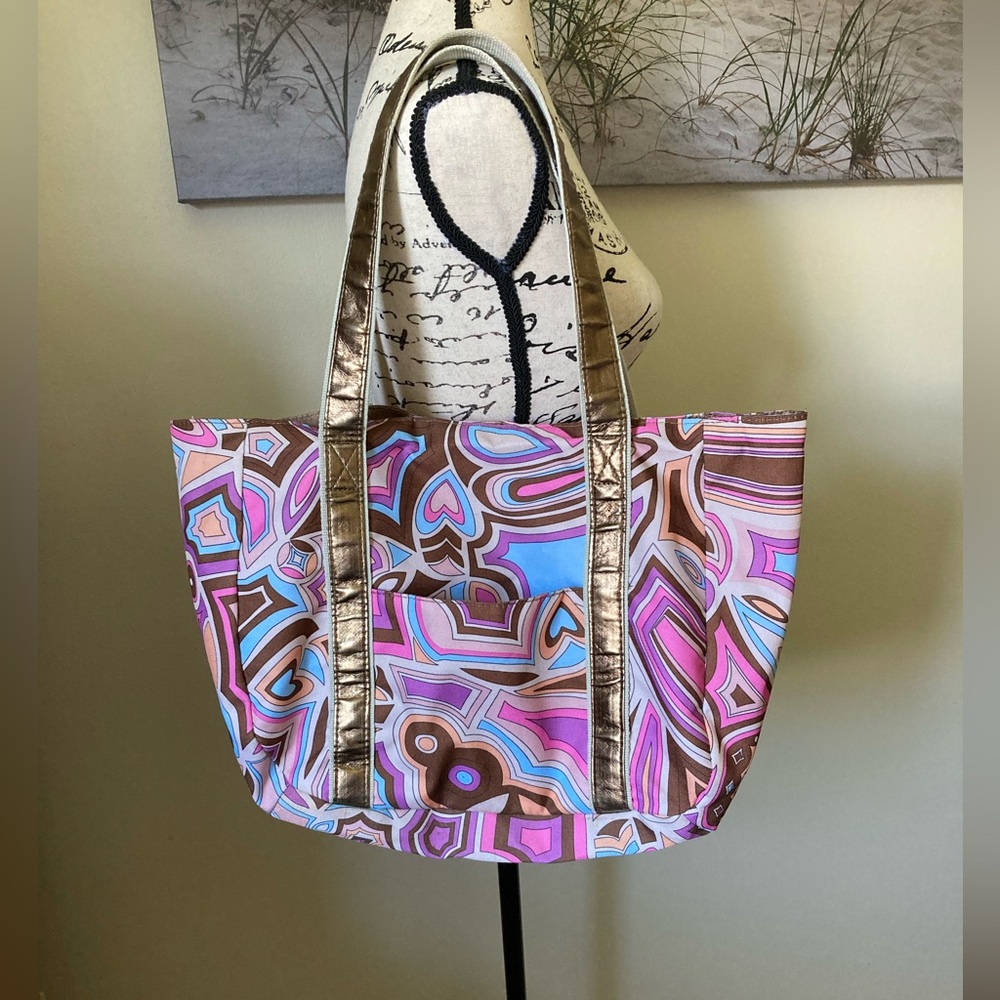 Retro colorful Avon purse, multicolored tote with bronze handles